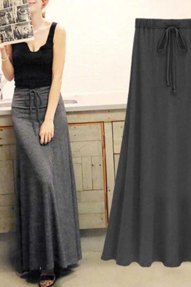 Sexy Summer Slit Side Skirt Women Fashion Casual Long Maxi Skirt Sexy Stretchy Solid Lace-Up Gray Black Skirts