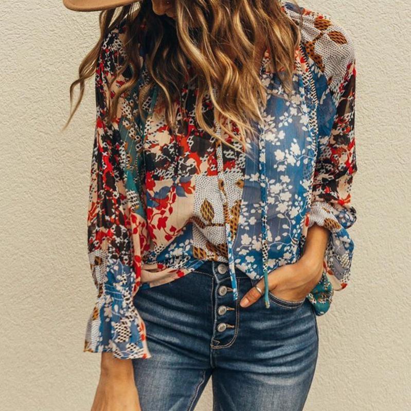 Casual Printed Color Long Sleeve Polyester Fiber Blouse