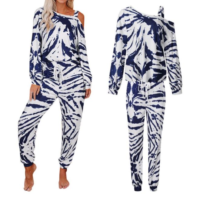 2 Pcs/Set Women Tie Dye Printed Pajamas Suit Long Sleeve Pullover off Shoulder Tops Long Pants Sleepwear Loose Home Loungewear