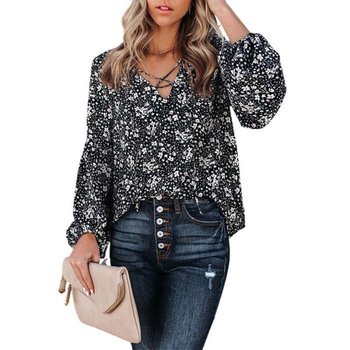 Summer Women's Blouse Fashion Loose V-neck Floral Long Sleeve Shirts 2021 New Arrival Casual Elegant Women Streetwear Tops