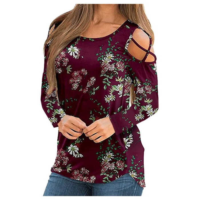 Strappy Cold Shoulder T Shirt Women Summer Boho Floral Printed Long Sleeve T-Shirt Harajuku Plus Size Casual Pullover Tops