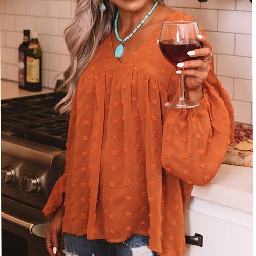 2021 Hot Sale New Women Shirts V-neck Lantern-sleeved Plus Size Lantern Sleeve Solid Blouse Ladies Tops Vintage Clothing Clothes