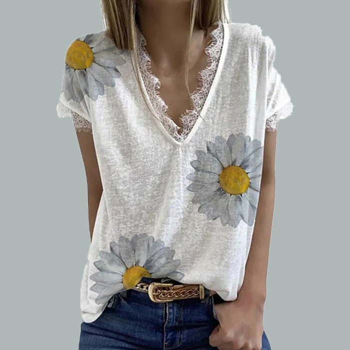 Summer Elegant Flower Stars Printed Blouses Fashion Lace V Neck Short Sleeve Loose Tops Casual Women Patchwork Shirts Blusa 3XL