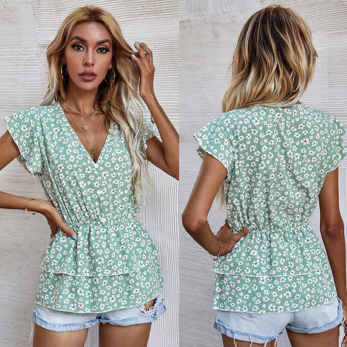 Casual Floral Printed Summer V Neck Blouse Shirts Women Fashion Short Sleeve Simple Ruffle Chic Button Ruched Office Slim Top