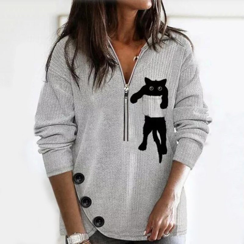 Women Sweaters Lapel Cat Zipper Long-sleeved Top