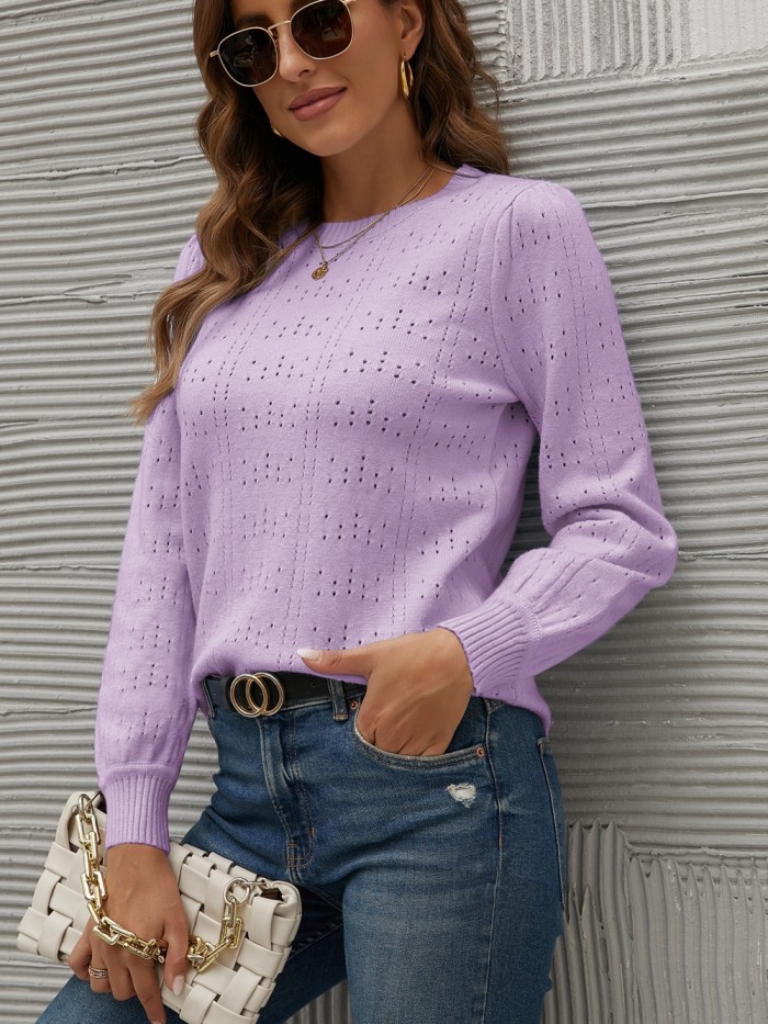 2021 New sweater autumn and winter solid color lantern sleeve hollow sweater women