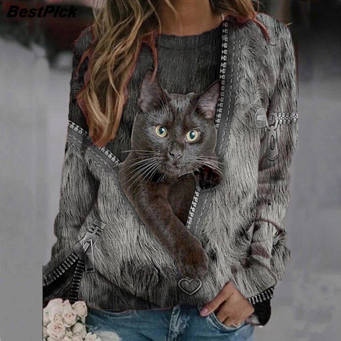 Cat Zipper Print Women Casual Crew Neck Blouse Shirts