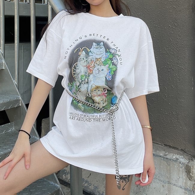 Summer Loose Women T-shirt Cat Print Short Sleeve Long Tee Shirt Round Neck Female Casual T Shirt Tee Top