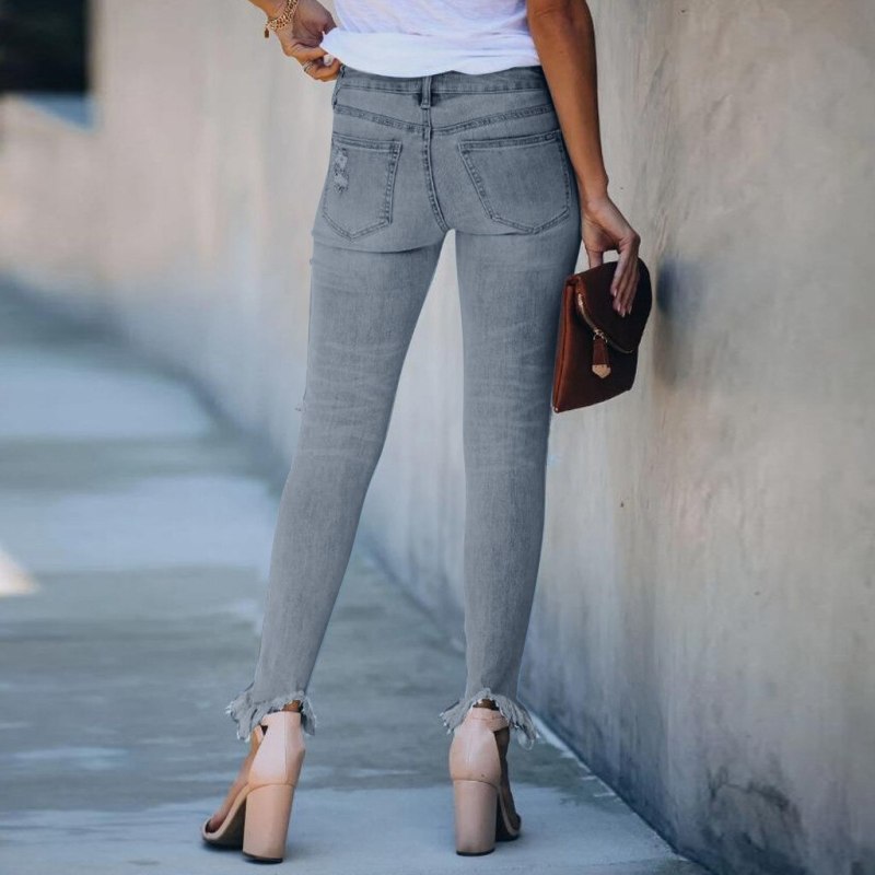 Jeans Fashion Women'S Ripped Mid Waist Pencil Feet Jeans