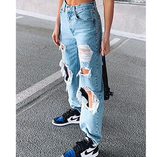 High Waist Women's Baggy Jeans Ripped Holes Show Thin Slim Fit Pants