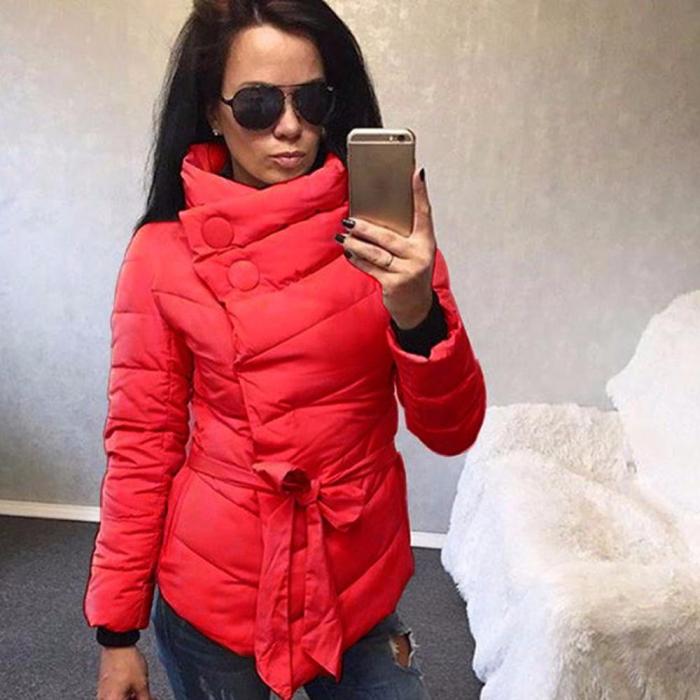 2021 Autumn Winter Single Breasted Women Casual Fashion Thin Short Coat High Neck Sashes Button Coats Warm Sashes Jacket Outfits