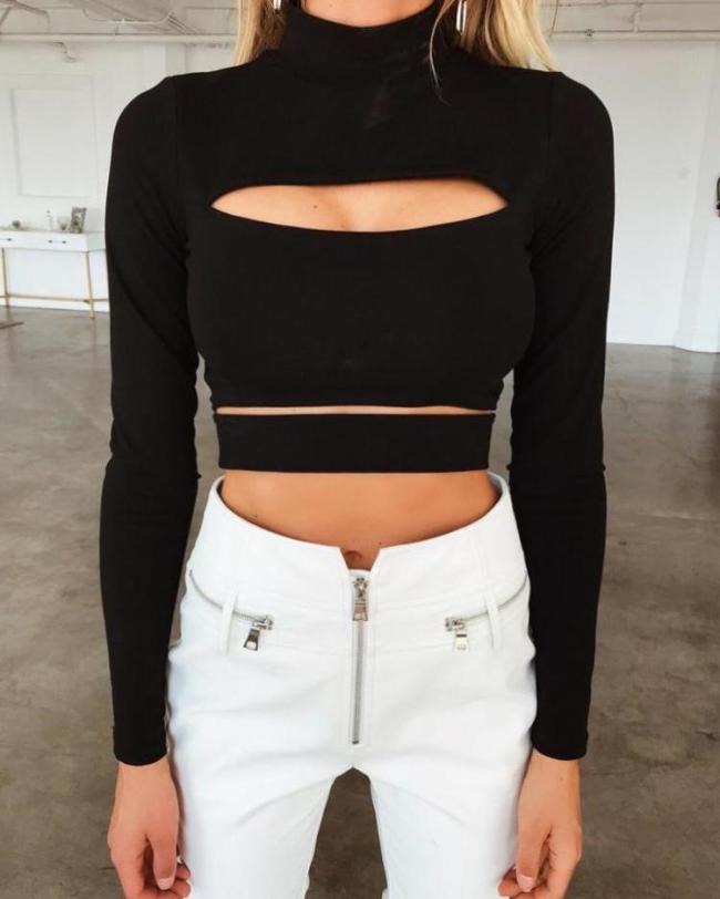 Solid Long Sleeve Cut Out Crop Top