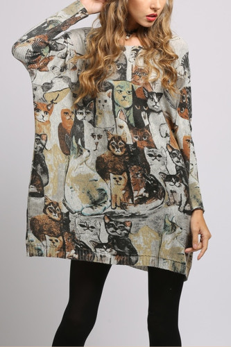 Cats Print Sweater Dresses Winter Oversized Pullover
