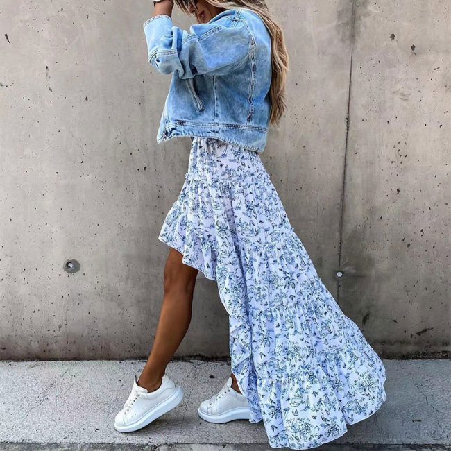 Floral Print Irregular Long Skirts Women High Elastic Waist Casual Style Beach Ladies Skirt 2021 Summer Spring Fashion Bottoms