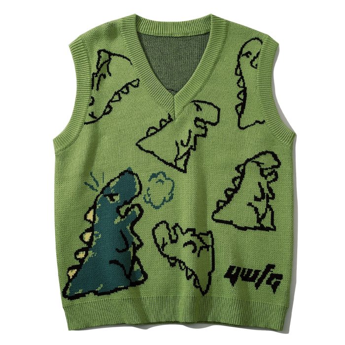 Knitted Vest Tops Men Dinosaur Graffiti Graphic Sleeveless Vest Loose Casual Kintted Tank Pullover Streetwear