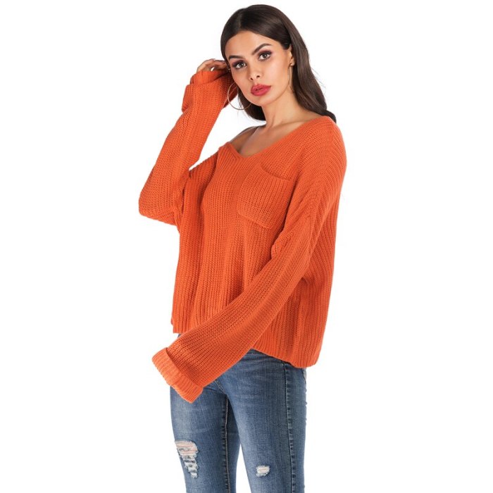4XL Oversized Sexy Fashion Sweater Women 2021 V Neck Flare Long Sleeve Fall Winter Knitted Sweater Casual Loose Pullover Top