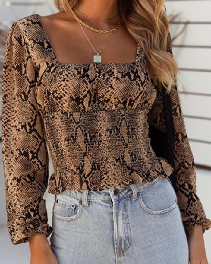 Snakeskin Square Neck Casual Blouse