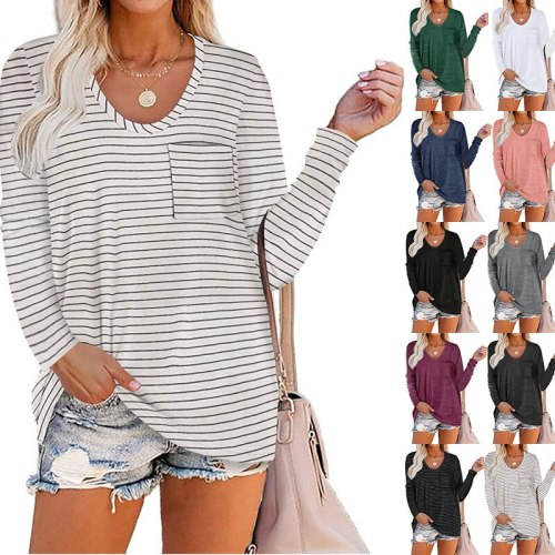 Striped Print Women's T-Shirt Loose Long Sleeve Round Neck Teeswomen College Style Plus Size Autumn Spring Tops Ladies