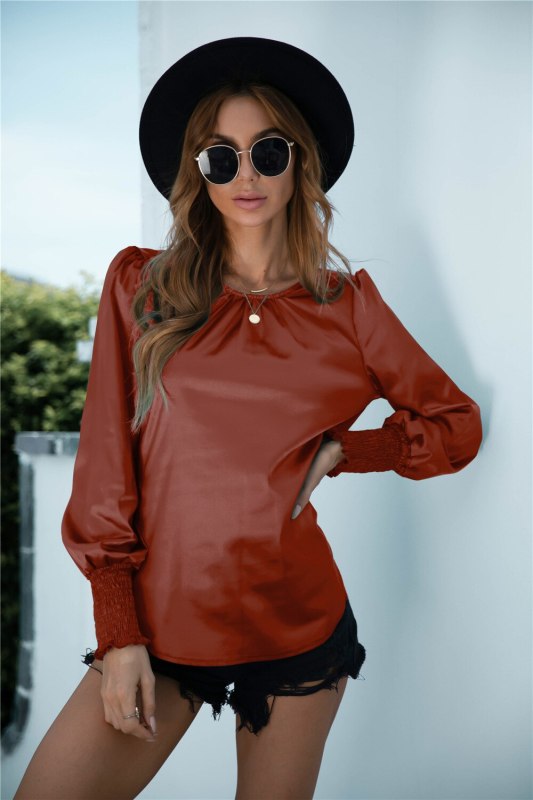 Korean Fashion Silk T-shirts For Women Autumn Winter Vintage O Neck Satin Tops Pleated Long Sleeve Loose Office Lady Tee Shirts