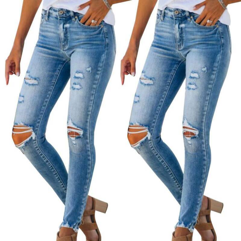 Womens Skinny Ripped Jeans Stretch Distressed Fit Denim Comfy Trousers