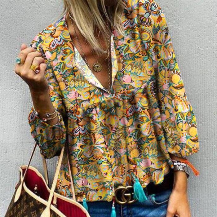 Casual V Neck Printed Colour Blouse