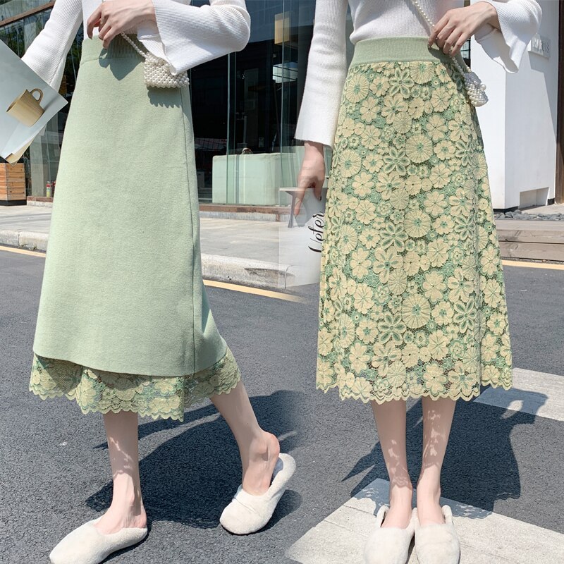 Korean Version of Thin Two-sided Skirts 2021 Spring New Lace Pleated Knitted Mid-length A-line Gauze Skirt Female Fashion Trend