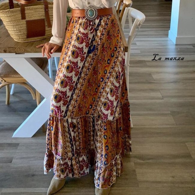 Vintage Fashion Women Print Skirts 2021 Summer Elegant Bohemian Style Floral Long Skirts