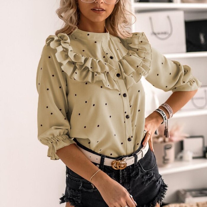 Fashion Women Polka Dot Ruffle Blouse Elegant Button Office Lady Shirts Summer Casual O-Neck Half Sleeve Blusas Tops Streetwear