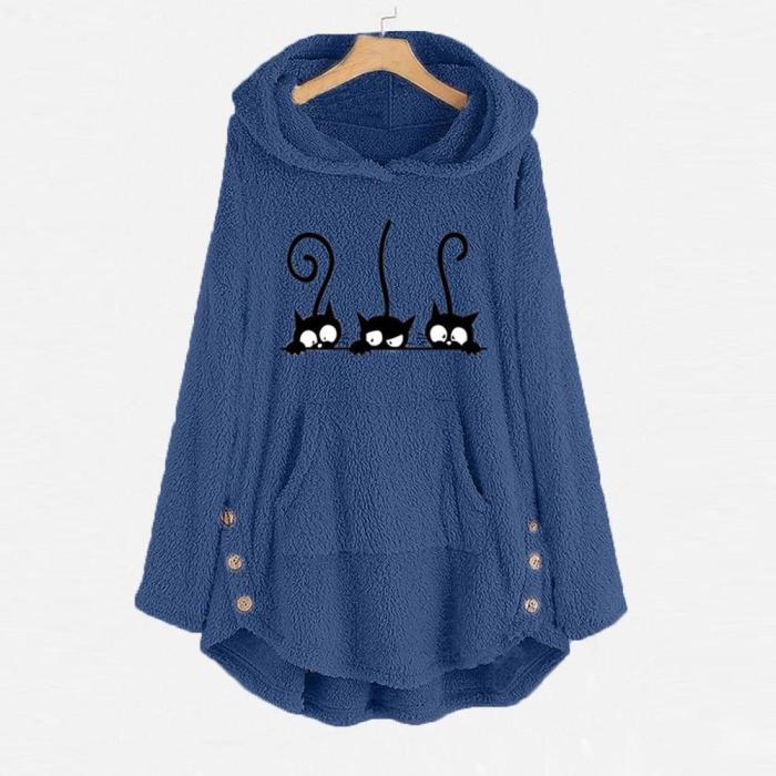 Oversize Hoodie Womens Fleece Teddy Hoodies Cat Print Warm Hooded Pullover Top Sweatshirts Jumper Women Hoodie Sweatshirts 2021