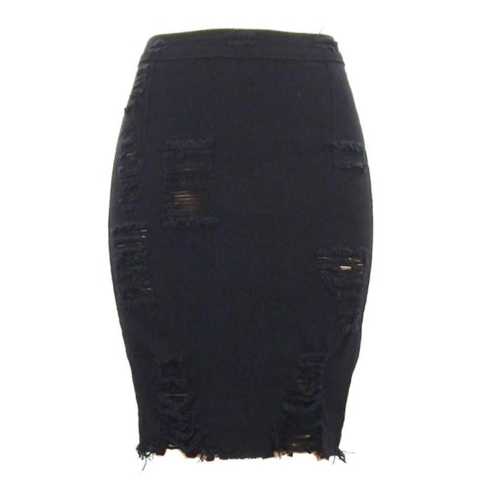 Hole Tassel Denim Skirt Women Summer 2019 High Waist Sexy Fashion Bodycon Pencil Vintage Destroyed Solid Blue Ladies Short Skirt