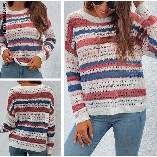 Women Clothing Sweater Autumn Winter 2021 New Beach Overall Hollow Out Colors Stripe Splicing Female Pullovers