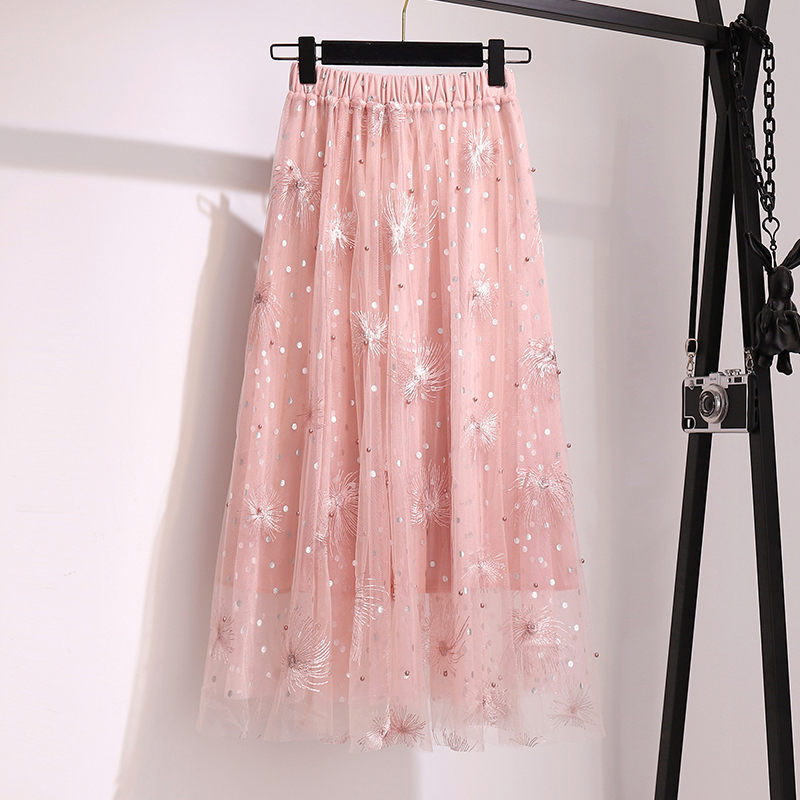 Plus Size Skirt Women's Spring New Embroidered Mesh Skirt Beaded Wave Dot Fashion Sweet Girls Elastic High Saias Summer zh160