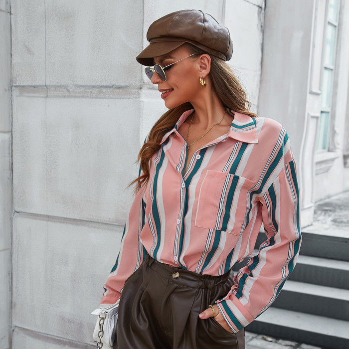 2022 Spring and Summer Professional Shirts for Women Striped Long Sleeve Turn-down Collar Tops Elegant Female Clothing