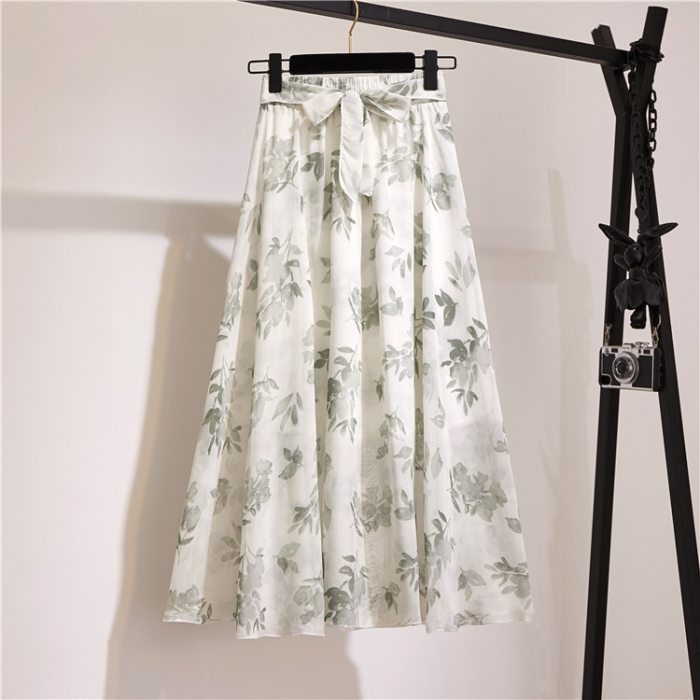 Long Pleated Chiffon Skirt Women Fashion 2021 Summer Big Hem High Waist Floral Print Holiday Beach Skirt Female