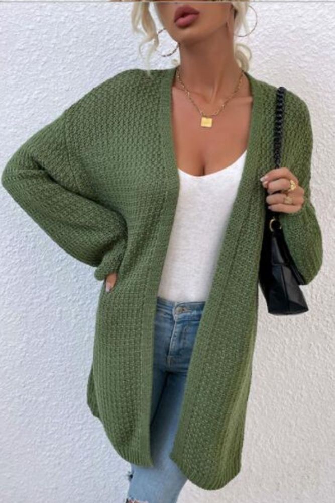 2021 autumn and winter new European and American solid color knitted cardigan mid-length sweater women plus size cardigan