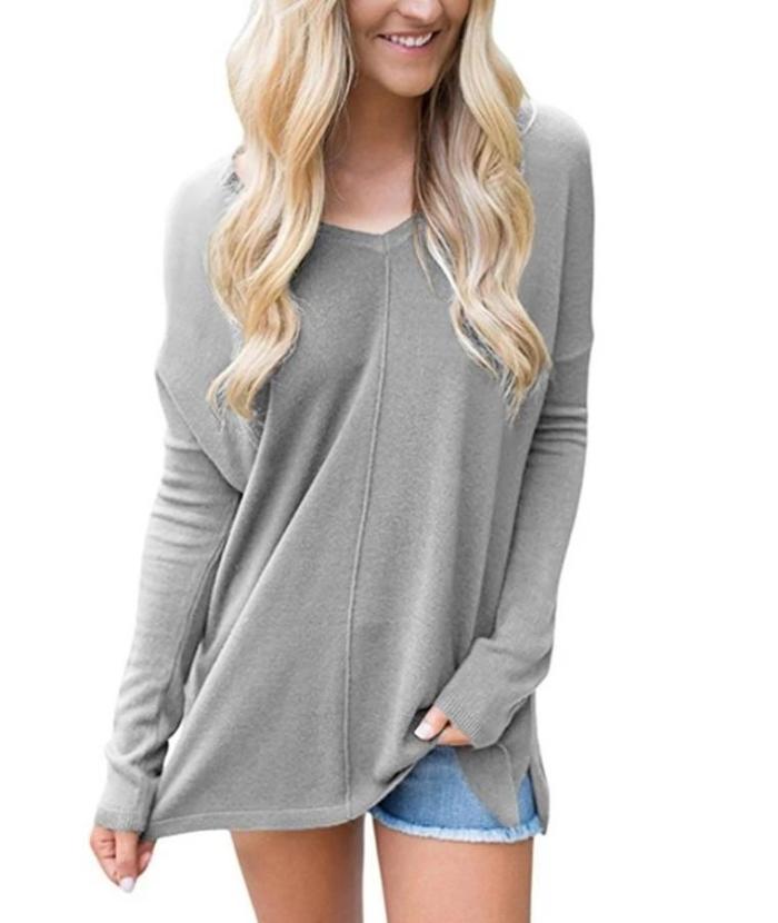 Casual Fashion simple V neck long sleeve knitted T shirt blouse