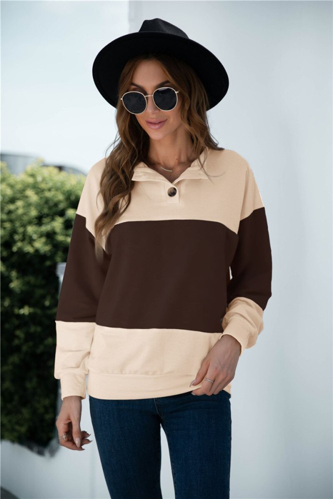 Fashion Women Spring Autumn T-Shirts Color Matching Design Button Decor O-Neck Long Sleeve Casual Loose Pullovers Top