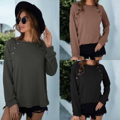 Casual Loose Pullover Top 2021 Autumn And Winter New Solid Color Round Neck Button Decoration Long-sleeved Knitted Tops Women