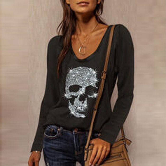Fashion Sequins Skull Print T Shirt Streetwear Casual Spring Autumn Long Sleeve Pullover Tops Elegant Women O-Neck Tee Shirt 3XL