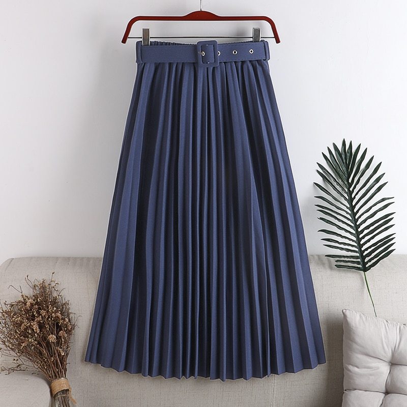 2021 New High Waist Women's Pleated Skirts with Belted Spring Summer Minimalism Elegant Office Female Mi-long Skirt Saia