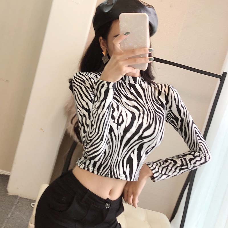 2022 New Fashion Sexy High Street Ladies Zebra Leopard Animal Print Shirts Women Turtleneck Long Sleeve Stretch Zebra Female Top