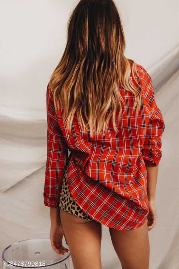 Turn Down Collar Single Breasted Gingham Blouses
