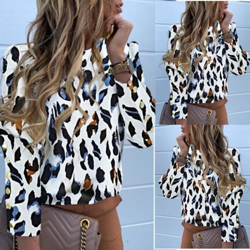 Women Long Sleeve Sexy Leopard Print Blouse Lady Office Shirt Tunic Casual Tops