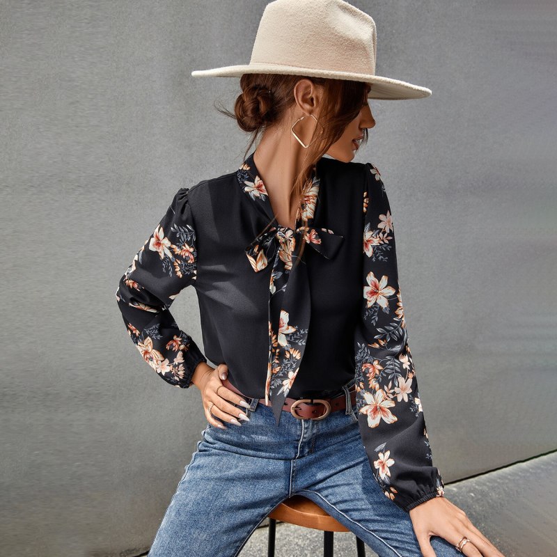 Long Sleeve Shirt For Women Autumn Tops Blouse Ladies Bow Collar Black Shirt Fashion Female Blusas Elegantes Floral Patchwork