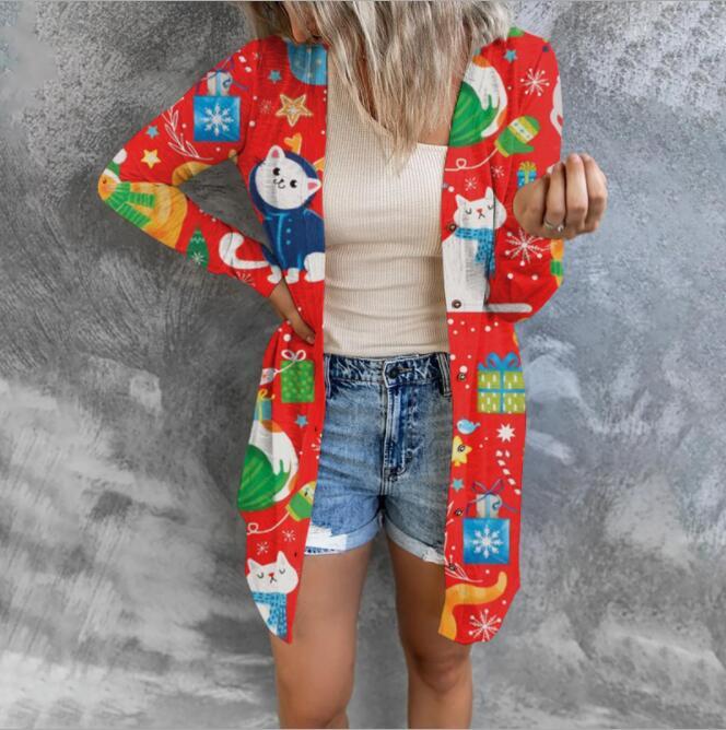 2021 Autumn winter new women cardigan Christmas Digital Printing sweater cardigan women Casual Long Sleeve Long Cardigan New