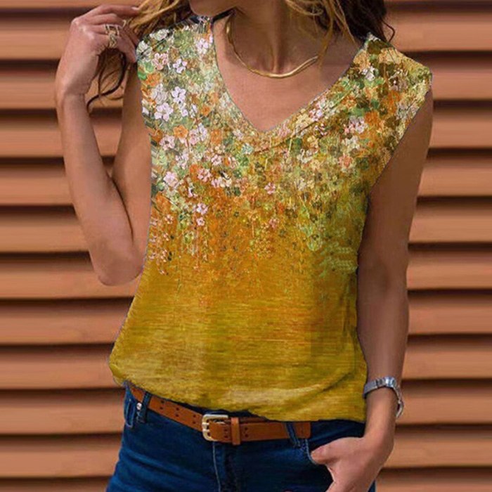 Fashion Flower Print Shirt Casual Spring Summer Sleeveless Pullover Tops Elegant Women V-Neck Blouse Streetwear Plus Size