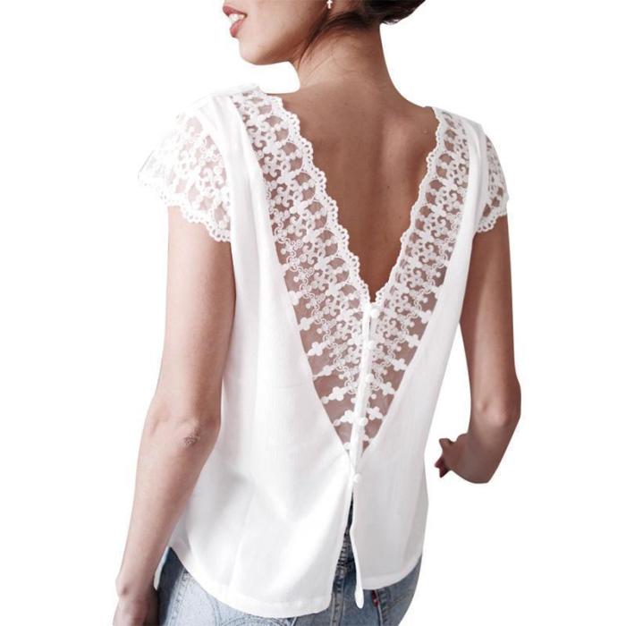Sexy Backless Lace Patchwork Hollow Out V Neck Blouse