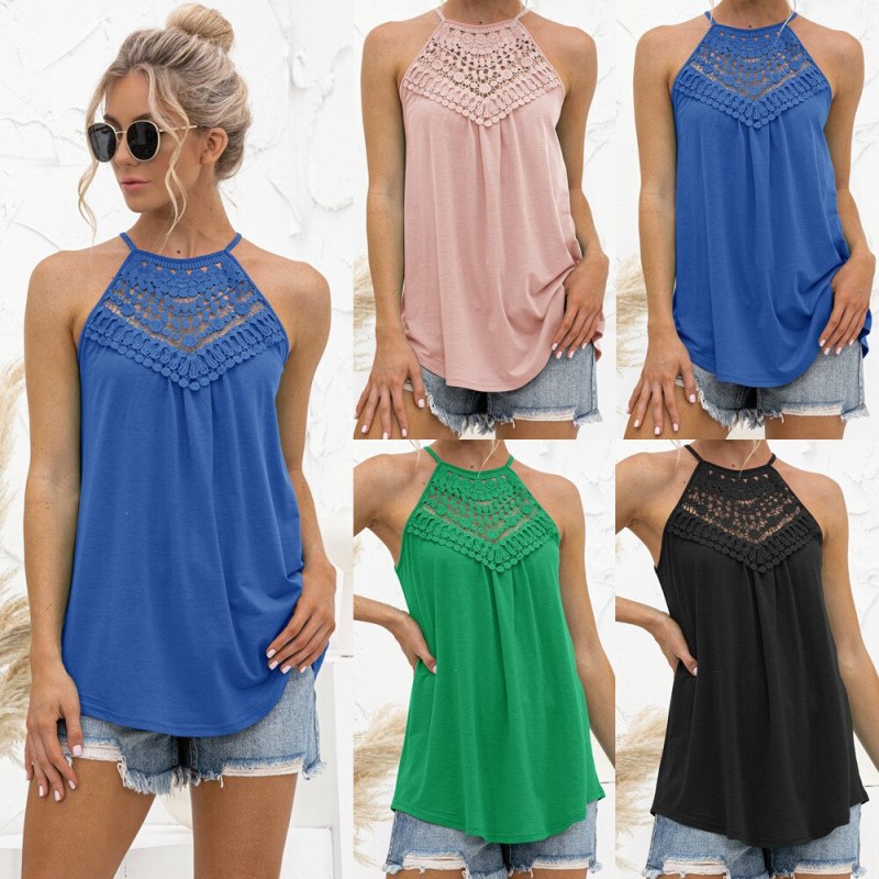 Women's Sexy Off Shoulder Halter Vest Fashion Summer Ladies Casual Loose Sleeveless Solid Color O Neck Lace Patchwork Tops