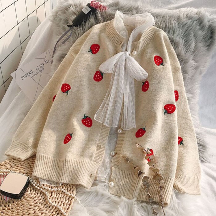 Oversize Cardigan Strawberry Embroidery Pearl Buttons Sweater