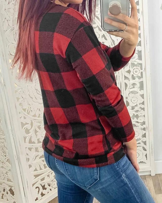 V Neck Long Sleeve Plaid Top